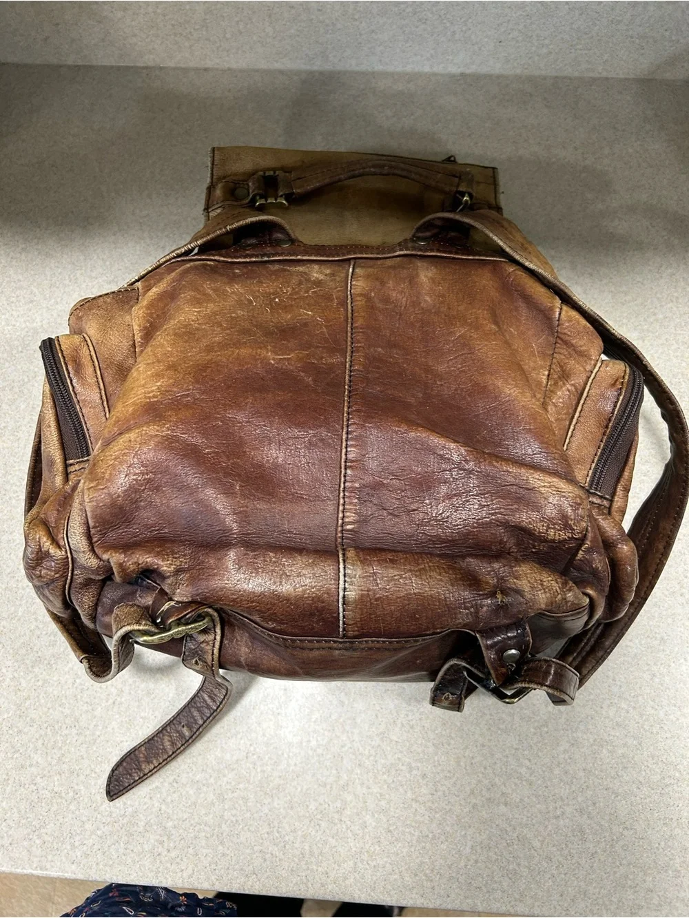 Vintage Brown Worn Weathered Distressed Leather Knapsack Backpack Size Medium